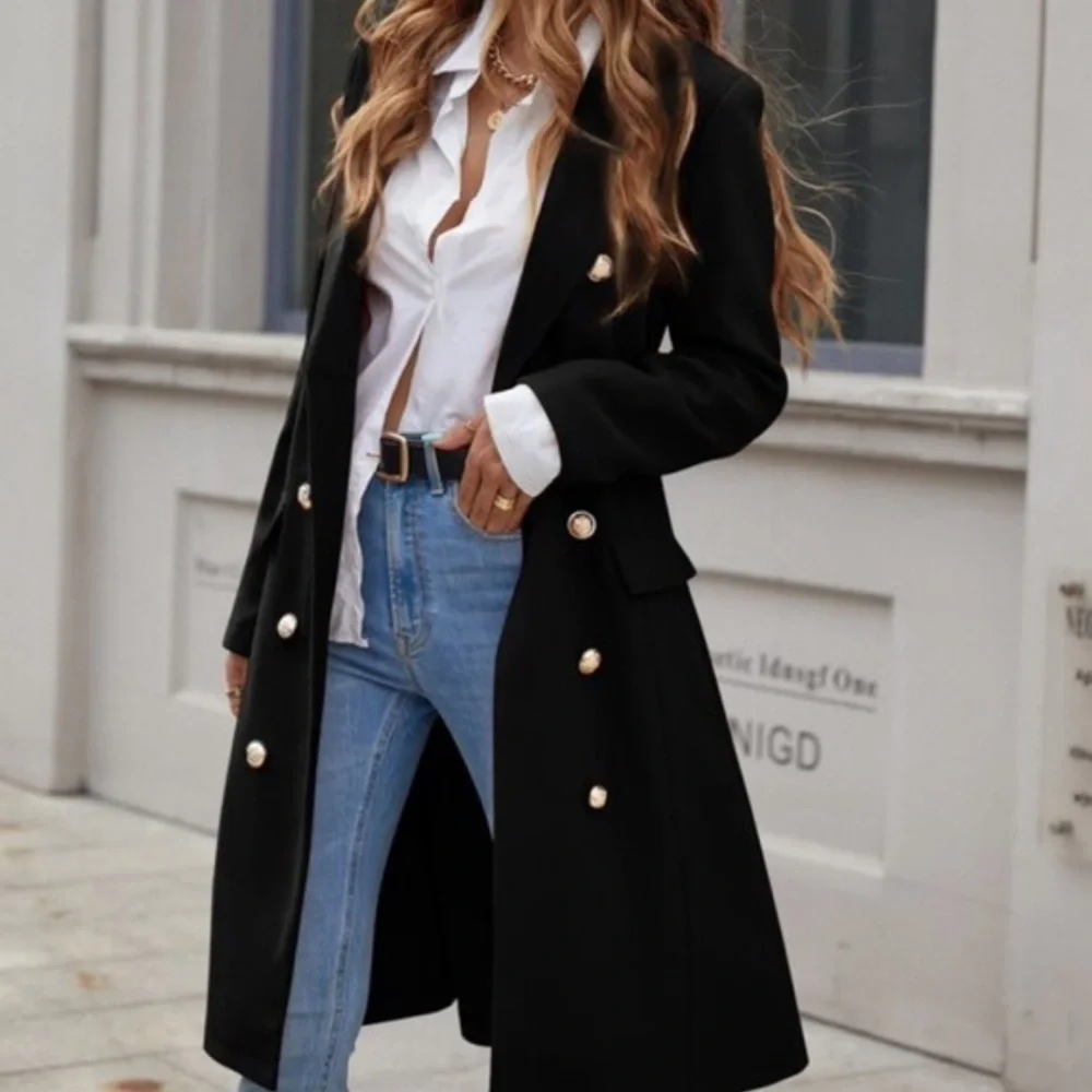 Classic Black Button up Long Jacket Coat - Picture 1 of 16